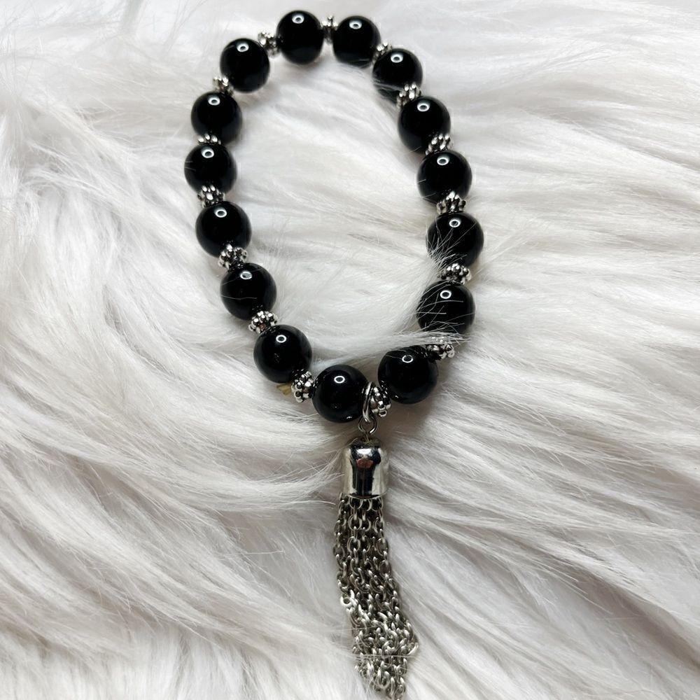 Beaded and Metal Tassel Boho Bracelet Black and Silver One Size
